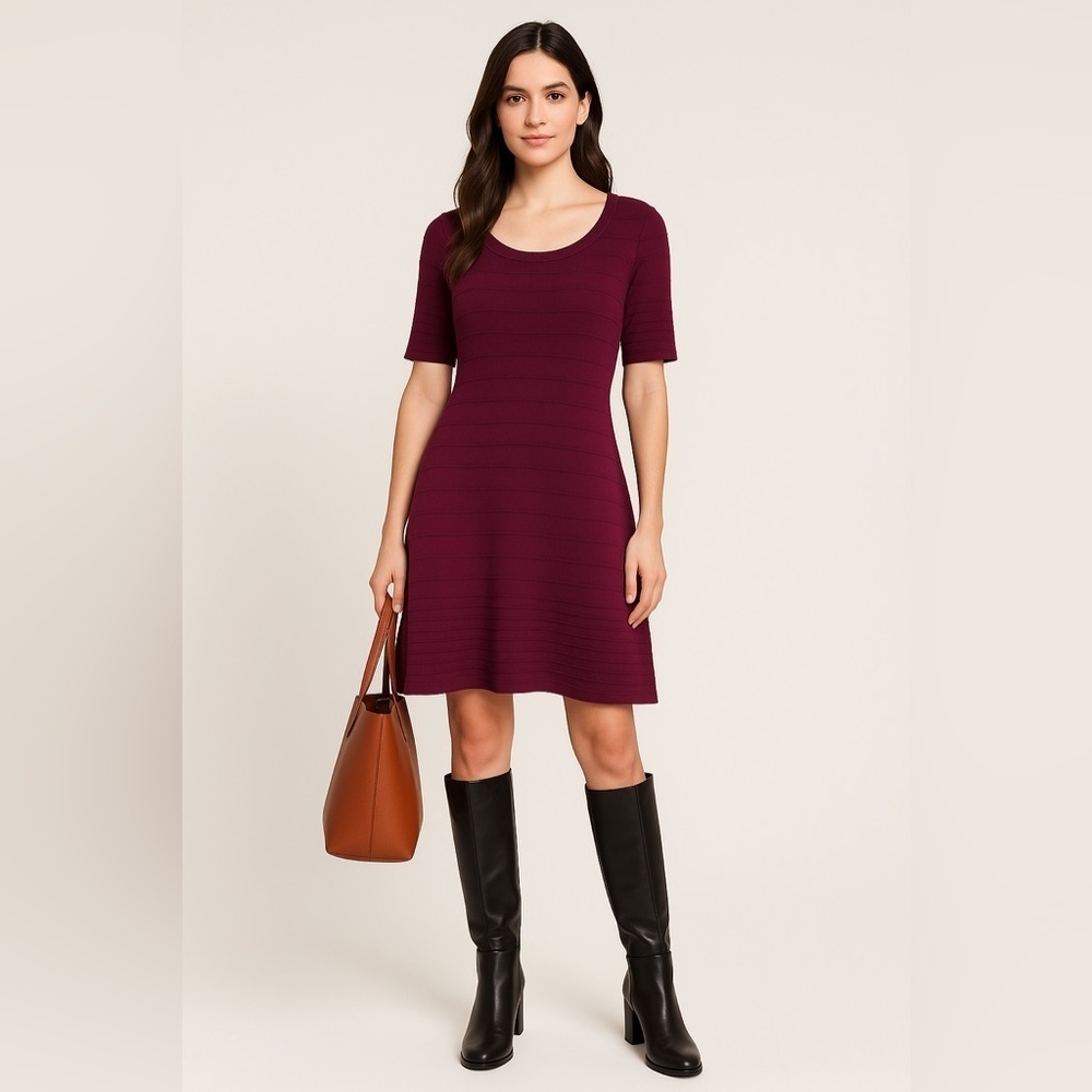 💜 Calvin Klein Knit Sweater Dress - Plum Purple Short Sleeve Fit & Flare size M